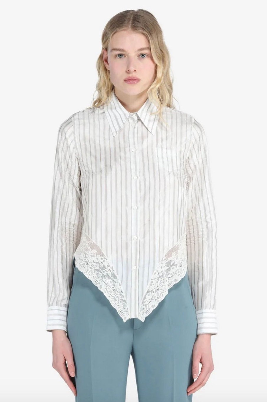 Women No.21 Tops | No.21-Pin Stripe Collared Shirt With Lace Trim: White Multi