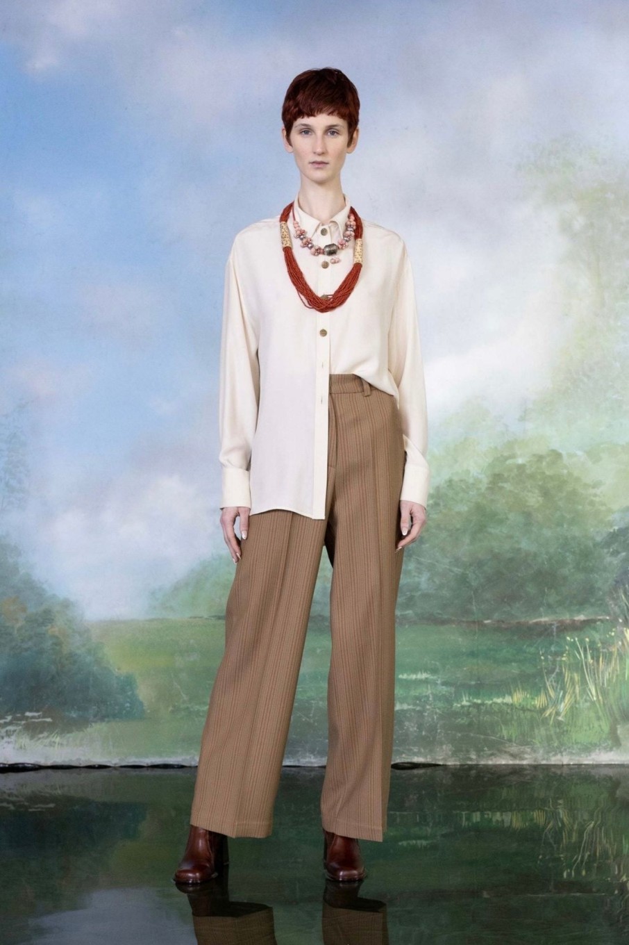 Women Benjamin Benmoyal Pants & Shorts | Benjamin Benmoyal-Wool Striped Trousers: Camel