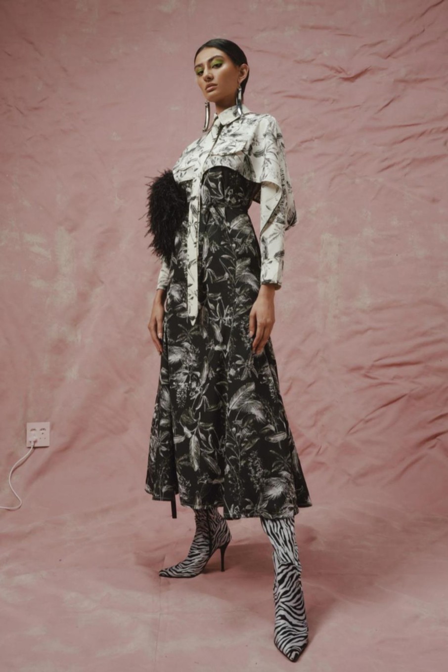 Women Thebe Magugu Dresses | Thebe Magugu-Split Print Porcelain Dress: Bone & Black