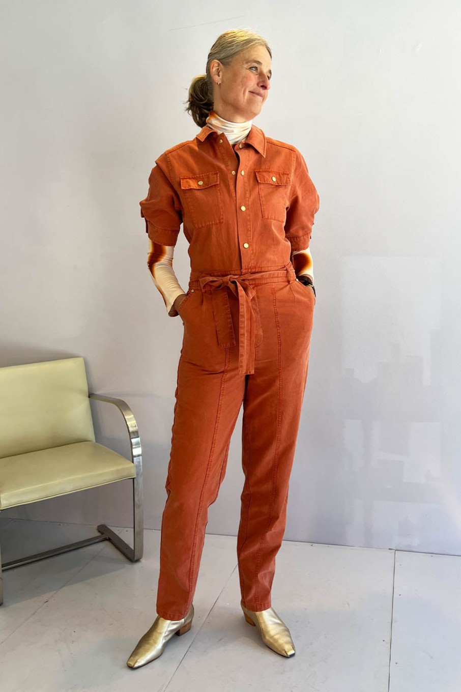 Women Essentiel Antwerp Jumpsuits & Rompers | Essentiel Antwerp-Bumpsuit Short Sleeve Dungarees: Fire Orange