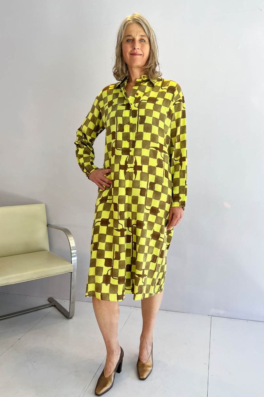 Women Alysi Dresses | Alysi-Long Sleeve Dress: Lime Check