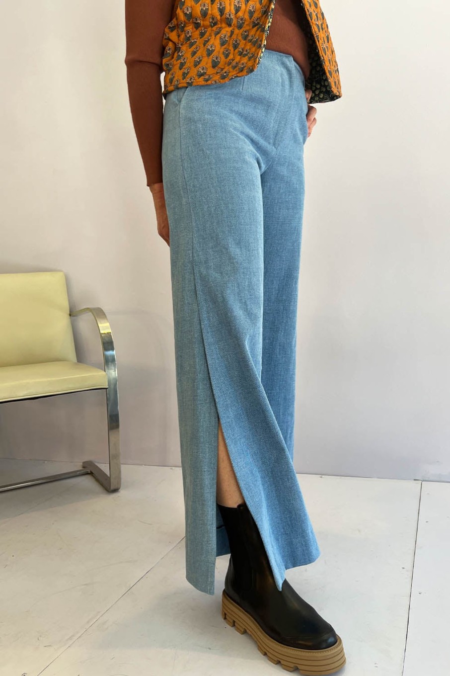 Women Benjamin Benmoyal Pants & Shorts | Benjamin Benmoyal-Side Slit Trousers: Light Blue