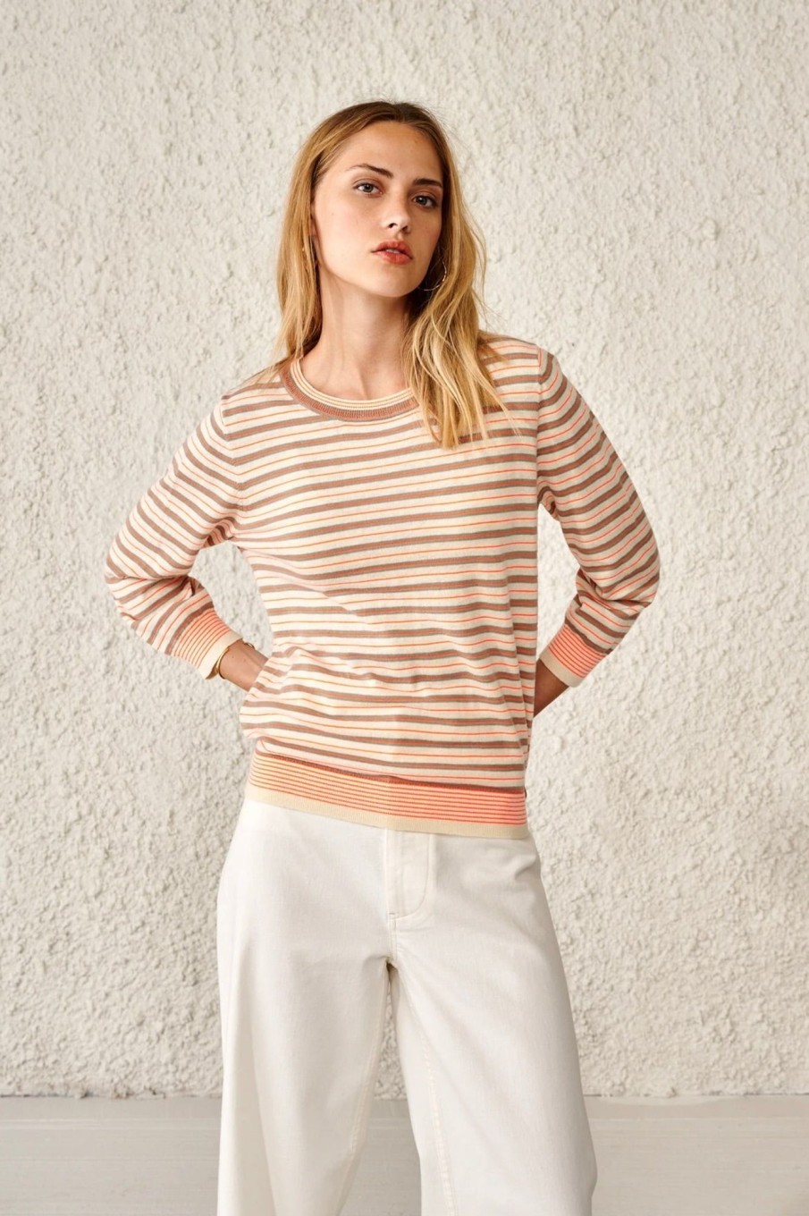 Women Bellerose Sweaters | Bellerose-Gops Sweater: Coral Stripes