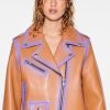 Women Stand Studio Outerwear | Stand Studio-Icon Biker Jacket: Tan/Neon Violet