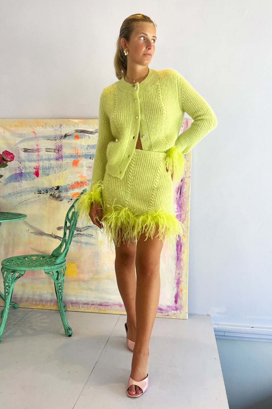 Women Vivetta Skirts | Vivetta-Feather Trim Cable Knit Skirt: Lime