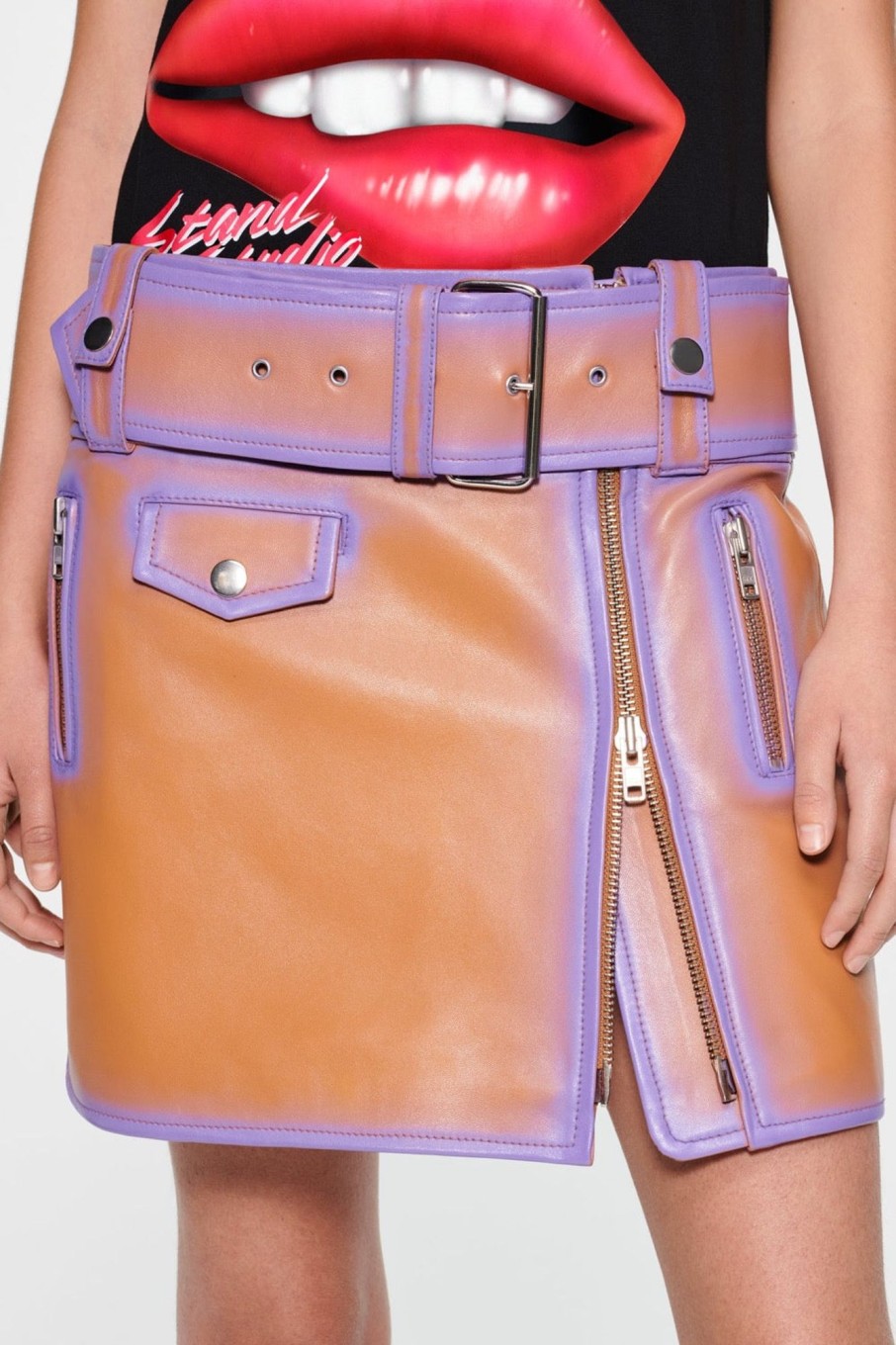 Women Stand Studio Skirts | Stand Studio-Biker Skirt: Tan/Neon Violet