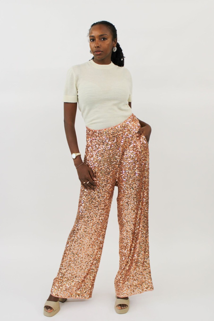 Women Essentiel Antwerp Pants & Shorts | Essentiel Antwerp-Entry Sequin-Embellished Wide Leg Pants: Tiger Blossom