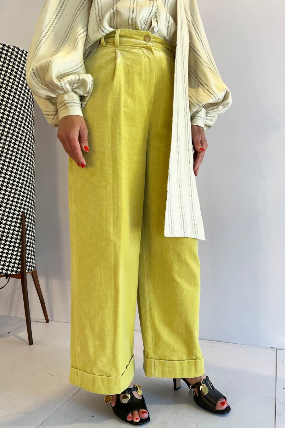 Women Alysi Pants & Shorts | Alysi-Corduroy Sparkle Trousers: Yellow