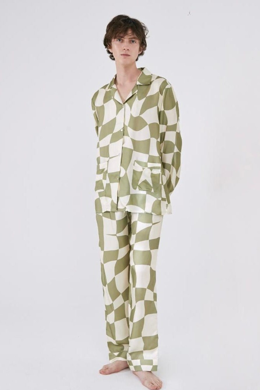 Women Not Just Pajama Loungewear | Not Just Pajama-King Of Chess Silk Pajama Set : Green & Ivory