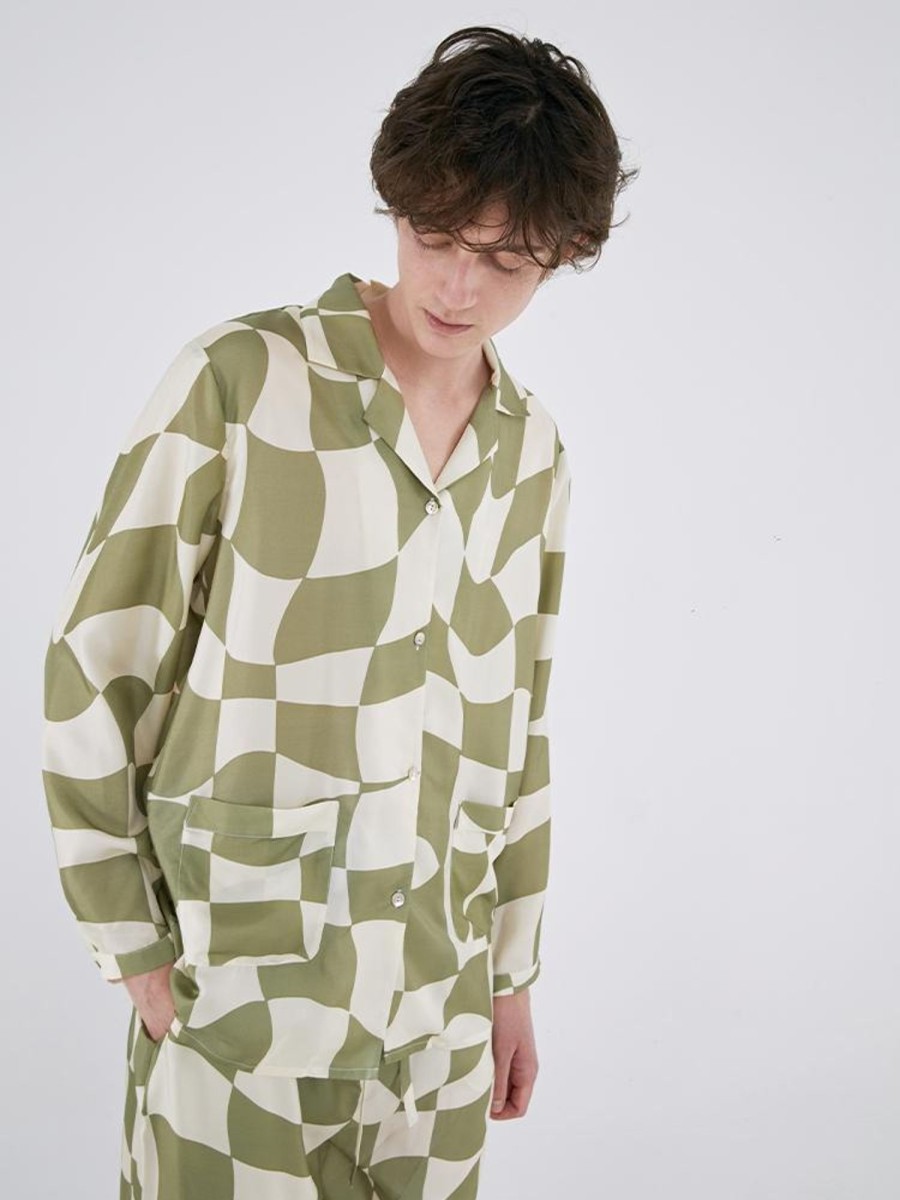 Women Not Just Pajama Loungewear | Not Just Pajama-King Of Chess Silk Pajama Set : Green & Ivory