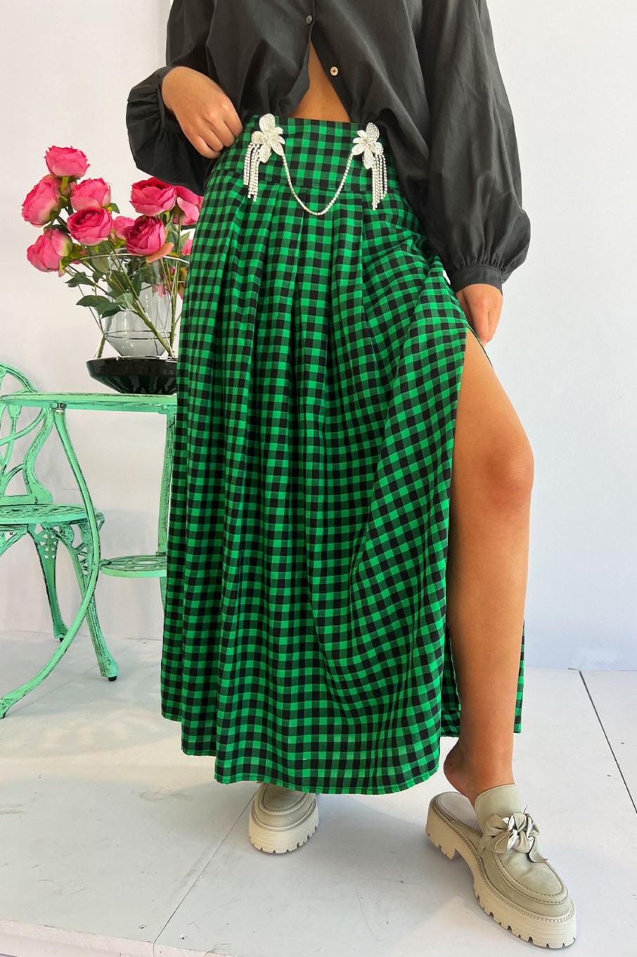 Women Bellerose Skirts | Bellerose-Vinna Skirt: Green Gingham