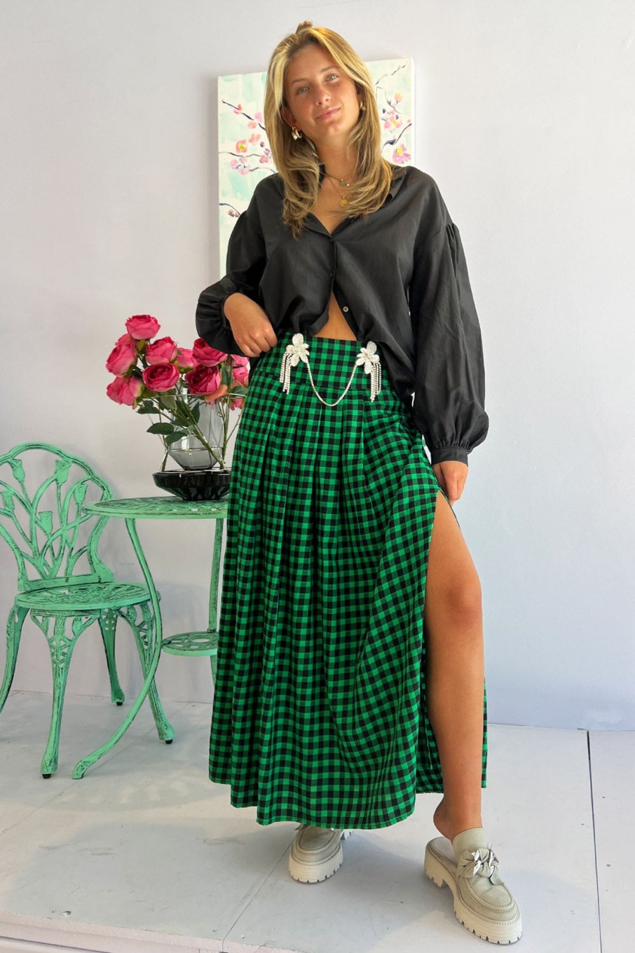 Women Bellerose Skirts | Bellerose-Vinna Skirt: Green Gingham